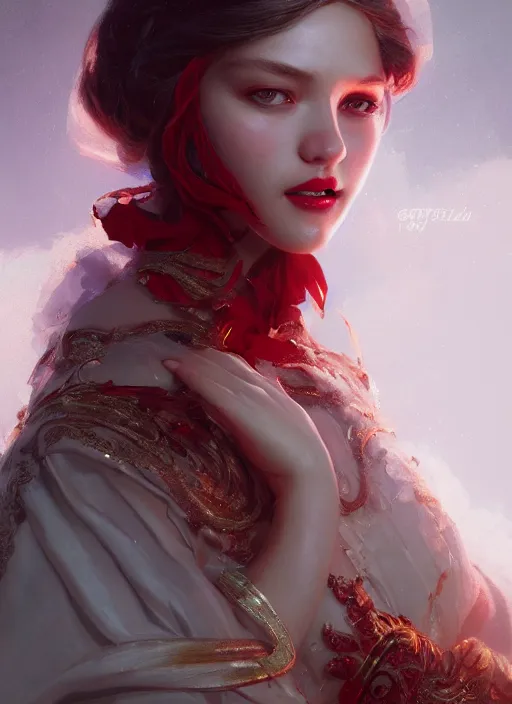 Prompt: portrait of royal princess, intricate silk clothing, cute face, red closed lips, fantasy, digital illustration, hyperealisism, award winning, octane renderer, warm cinematic lighting, style of wlop, greg rutkowski, ruan jia, artgerm, yasar vurdem