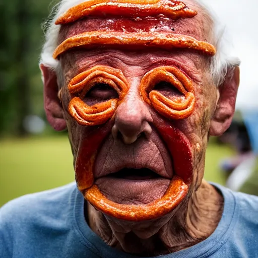 Image similar to an elderly man wearing a mask made from a hotdog, bold natural colors, national geographic photography, masterpiece, 8 k, raw, unedited, symmetrical balance