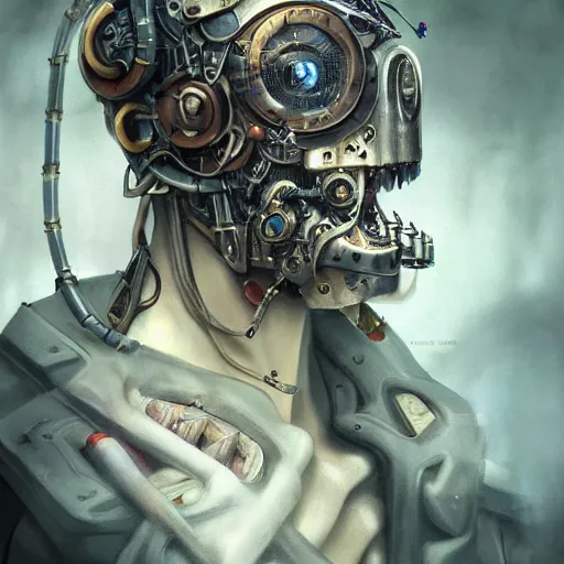 Prompt: portrait painting of a steampunk cyborg psycho killer, transhumanism, ultra realistic, concept art, studio ghibli, intricate details, eerie highly detailed