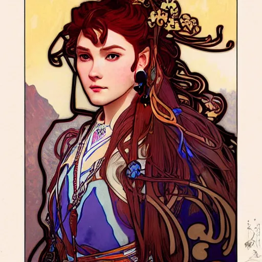 Prompt: beautiful art - nouveau portrait painting of aloy!!!, aloy!!!, artstation, horizon - zero - dawn!!!, art by mucha, detailed, fine line work