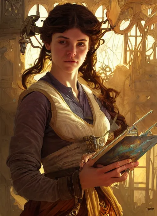 Prompt: an epic fantasy comic book style portrait painting of a young tinker girl working on a device in her workshop, d & d, fantasy, intricate, elegant, highly detailed, digital painting, artstation, concept art, matte, sharp focus, illustration, art by artgerm and greg rutkowski and alphonse mucha