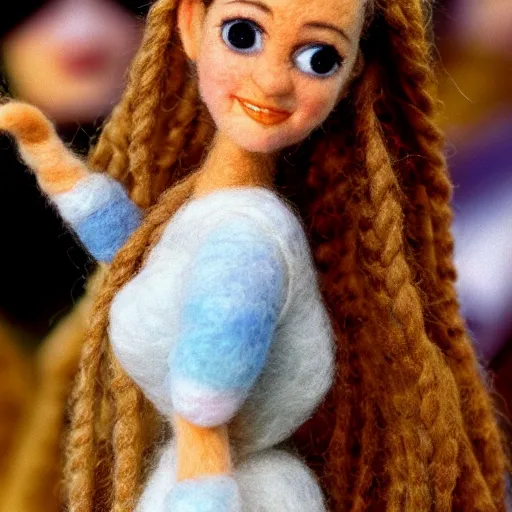 Prompt: needle felted alicia silverstone as cher from the movie clueless (1995), highly detailed, tilt shift, cozy, hyperrealism, highly textured, god rays, action pose