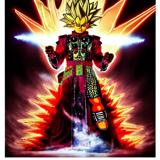 Image similar to uhd photorealistic detailed image of max voltage, the rock and roll emperor, dressed as super saiyan emperor, powering up, wearing extremely intricate rock and roll emperor costume and emperor makeup, with an emperor's electric guitar, by ayami kojima, amano, and karol bak