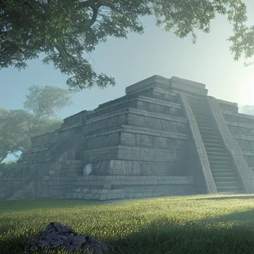 Image similar to unreal engine render of a misty mayan temple. volumetric lighting. foggy.