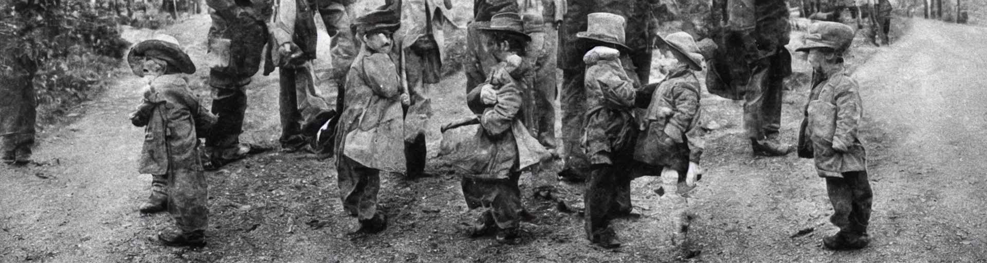 Image similar to A little boy in a hat tells a story to his sister that he saw a man who puts photos of fallen heroes of the Soviet Union on the roads gothic style, 2k