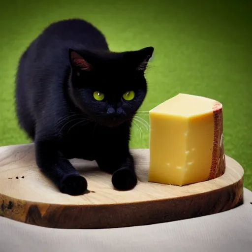 Prompt: fully black cat eating some cheese, hyper realistic, photography