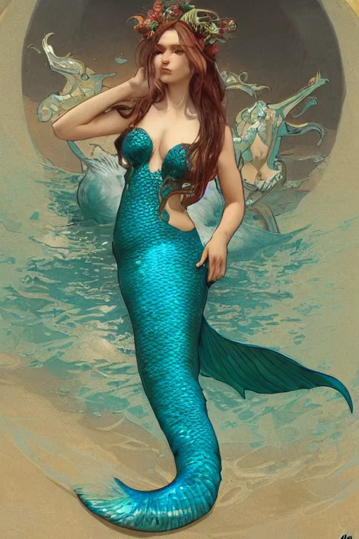 Prompt: mermaid under turquoise water , intricate, elegant, highly detailed, digital painting, artstation, concept art, smooth, sharp focus, illustration, art by artgerm and greg rutkowski and alphonse mucha