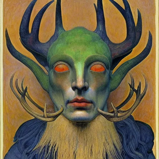 Prompt: humanoid with glowing eyes and antlers wearing a feathered bird mask. by annie swynnerton and elihu vedder and lucien freud and diego rivera and jean delville. symbolist. dramatic lighting. elaborate geometric ornament. art brut. soft greens and blues. sharp focus. extremely detailed. adolf wolfli, leo and diane dillon, nicholas roerich