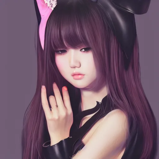 Image similar to realistic detailed semirealism beautiful gorgeous cute Blackpink Lalisa Manoban sleeping, black hair black cat ears, black leather choker, proportional body, WLOP, Aztodio, Taejune Kim, sakimichan, ArtGerm, Pixiv, Instagram, Artstation