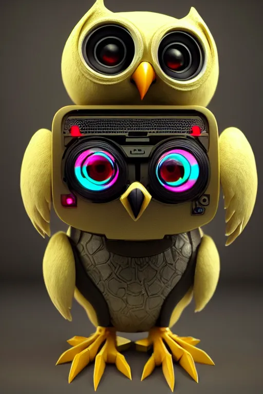 Image similar to high quality 3 d render very cute cyborg owl! with boombox!, cyberpunk highly detailed, unreal engine cinematic smooth, in the style of blade runner & detective pikachu, hannah yata charlie immer, moody light, low angle, uhd 8 k, sharp focus