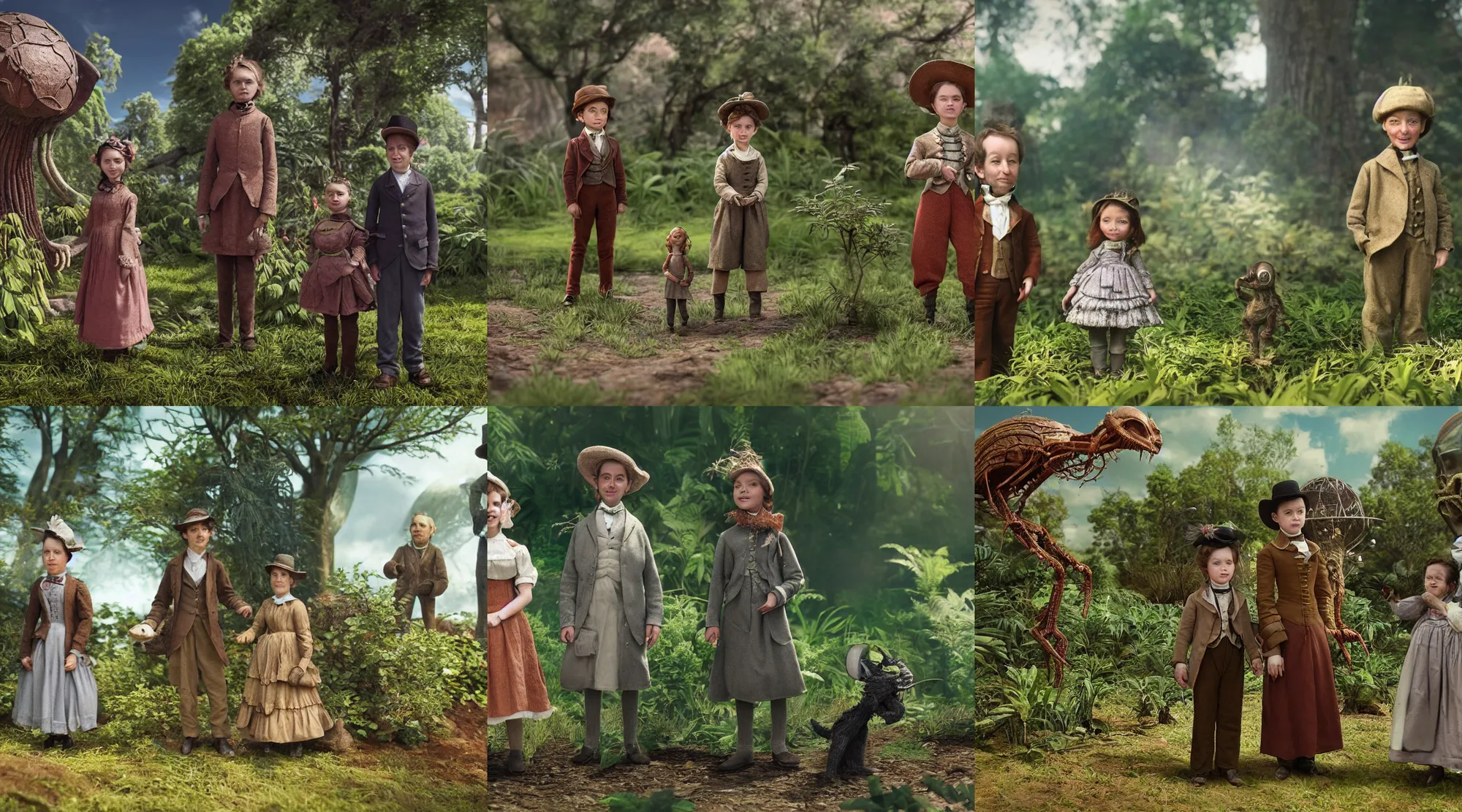 Prompt: detailed, sharp, a girl and a boy standing next to some strange wild alien plants, looking happy, wearing 1860s era clothes, their small pet tiny alien creature is standing nearby, in a park on a strange alien planet, extremely highly detailed, in focus faces, octane render, from a classic period sci fi color blockbuster movie, 4k, 35mm macro lens, high quality lighting, sharp focus