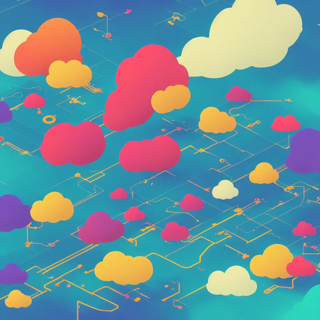 Image similar to a simple micro-service deployed to a public cloud, security, attack vector, trending on Artstation, painting by Jules Julien, Leslie David and Lisa Frank, muted colors with minimalism