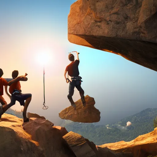 Prompt: four men building an adventure party. they jumpdown a cliff as a team. v - ray render. 8 k. expressive. dynamic lighting. lensflare. realistic.