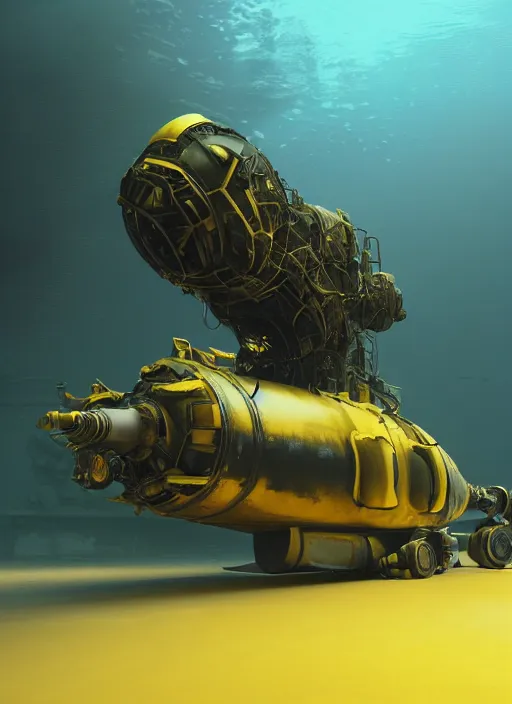 Image similar to a photorealistic dramatic hyperrealistic underwater render of an deep sea submersible, ultra realistic details, glossy yellow, well worn, rust, oil stains by vitaly bulgarov and mike nash, beautiful dramatic dark moody tones and lighting, cinematic atmosphere, global illumination, shadows, dark background, octane render, 8 k