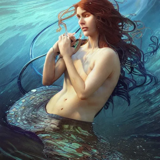 Image similar to a mermaid drowning in an oil spill, ultra realistic, concept art, intricate details, highly detailed, photorealistic, octane render, 8 k, unreal engine. art by artgerm and greg rutkowski and magali villeneuve and alphonse mucha
