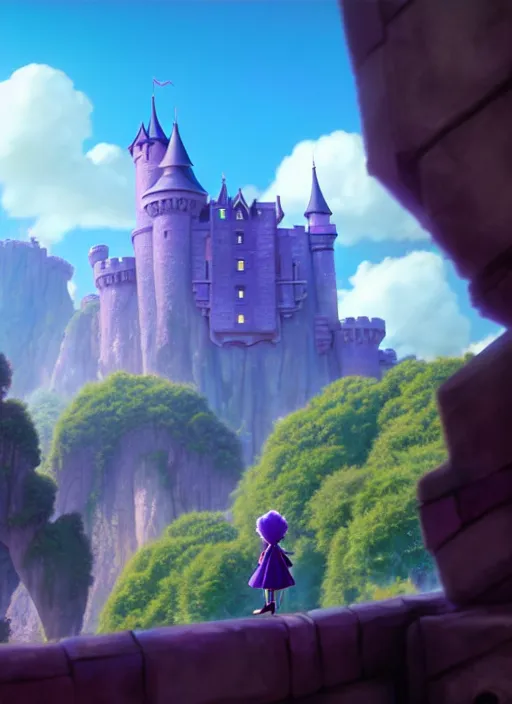 Prompt: a wholesome animation key shot of a purple dragon, castle in the background, studio ghibli, pixar and disney animation, sharp, rendered in unreal engine 5, anime key art by greg rutkowski, bloom, dramatic lighting