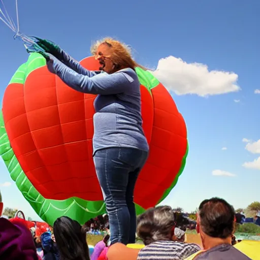 Image similar to woman inflated to an enormous size and used as a hot air balloon.