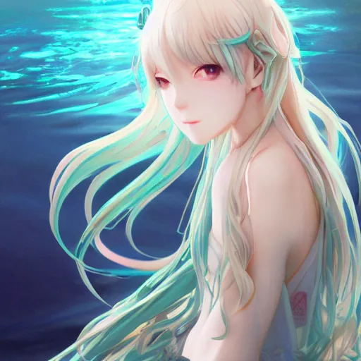 Image similar to clear portrait of anime girl hatsune miku, which is drowned in water, water, light effect, anime style hyper detailed, illustration, bloody, intricate, elegant, digital painting, artstation, smooth, sharp focus, art by artgerm and greg rutkowski and alphonse mucha.