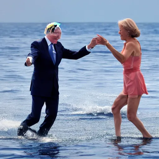 Prompt: biden and putin dancing on the ocean, close up, high quality photograph