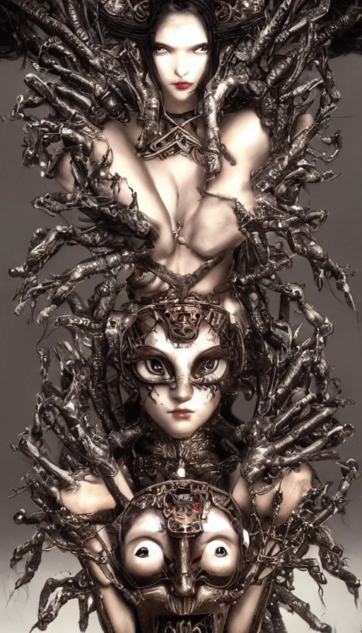 Image similar to beautiul girl wearing japanese masks 1 0 arms and mechanic hand reaching to a throne salvation epic cinematic by luis royo, pascal blanche, helmut newton and thu berchs, trending on artstation.