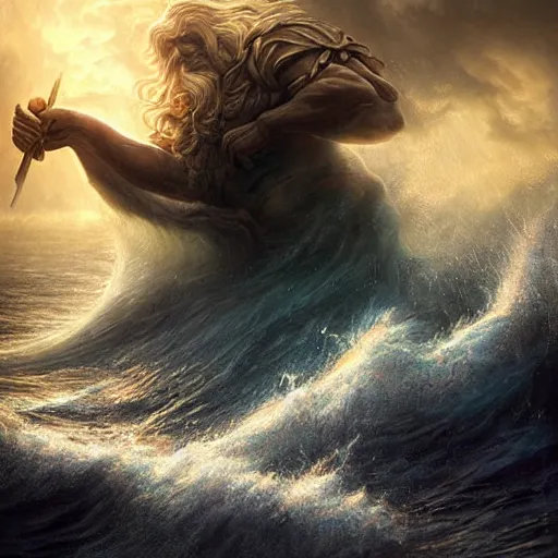 Image similar to gigantic, commanding menacing vengeful ancient god poseidon rising out of the ocean waters portrait, mysterious atmospheric lighting, painted, intricate, volumetric lighting, beautiful, rich deep colours masterpiece, golden hour, sharp focus, ultra detailed, by leesha hannigan, ross tran, thierry doizon, kai carpenter, ignacio fernandez rios