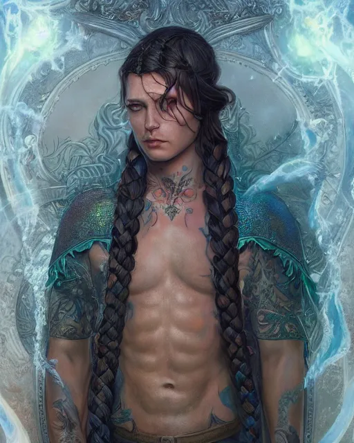 Prompt: beautiful man, half - body, long french braid, wearing iridescent sleeveless robes, holding a sword, full - body tattoos, jewelry, 8 k, glow, detailed and intricate, ornate, illustration, by tom bagshaw, artgerm, greg rutkowski, magali villeneuve, octane render