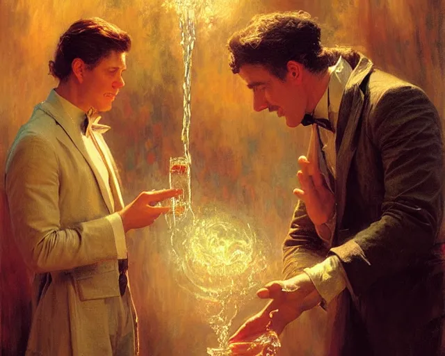 Image similar to attractive magician man, casting water magic. highly detailed painting by gaston bussiere, craig mullins, j. c. leyendecker 8 k