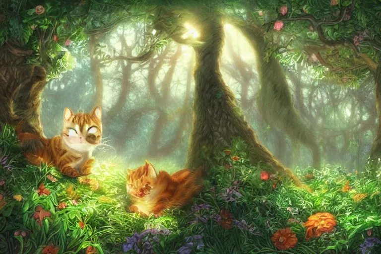 Prompt: a cat in a forest, highly detailed, digital art, trending on artstation, backlighting, by kawacy, by don bluth, by ken sugimori, by louis wain, fan art