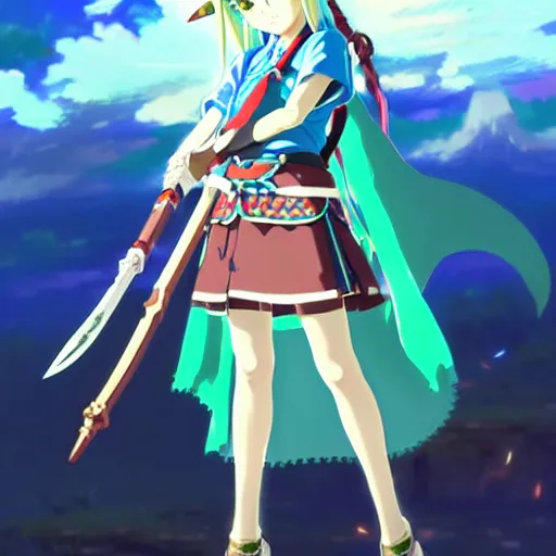 Image similar to a beautiful! young feminine link from botw, wearing japanese catholic school girl outfit with mayan pattern and native style, aztec street fashion, guilty gear art direction, perfect anime face, gapmoe yandere grimdark, trending on pixiv fanbox, painted by greg rutkowski makoto shinkai takashi takeuchi studio ghibli, akihiko yoshida