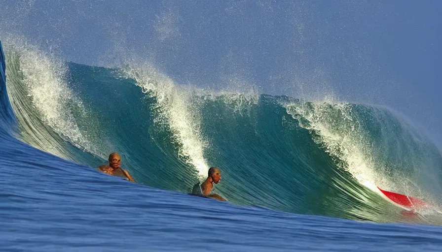 Prompt: a surf photograph of kelly slater surfer tucked into a massive barreling wave in bali, great white shark in the face of the wave. fast shutter speed, surf photography, dslr,