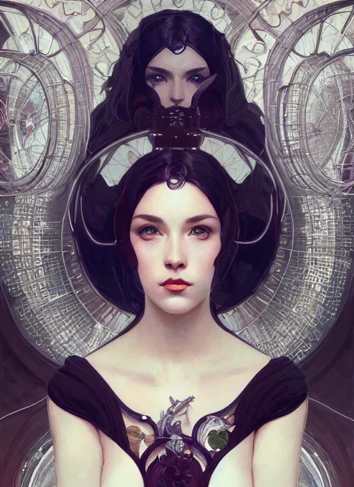 Image similar to symmetry!! pinup, machine parts embedded into face, intricate, elegant, highly detailed, digital painting, artstation, concept art, smooth, sharp focus, illustration, art by artgerm and greg rutkowski and alphonse mucha, 8 k