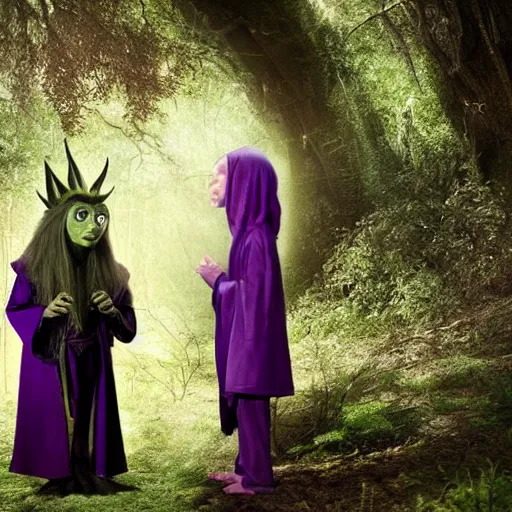 Prompt: a skeksi in purple robes is talking to a gelfling child in the woods, they are from the movie the dark crystal, cinematic 8 k