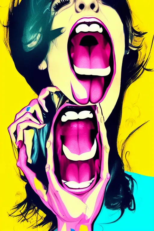 Image similar to girl screamin yolo - aesthetic, remove duplicated anatomy, 4 k, illustration, comical, acrylic paint style, pencil style, torn cosmo magazine style, pop art style, ultrarealism, by mike swiderek, jorge lacera, ben lo, tyler west