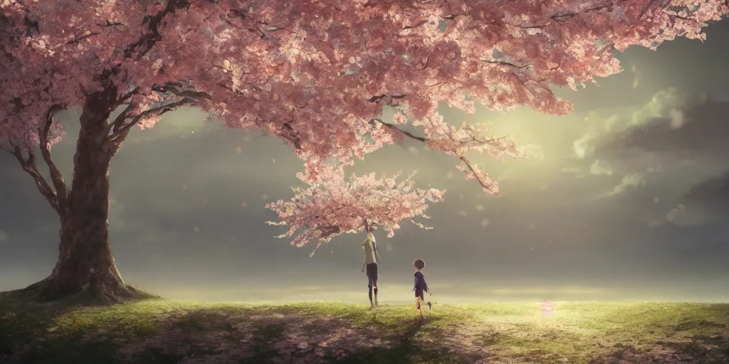 Image similar to a sakura tree, detailed oil painting, cinematic angle, hyperrealistic, breathtaking, volumetric lighting, cinematic lighting, dynamic, Studio Ghibli, digital art, octane render, epic composition, trending on artstation, masterpiece