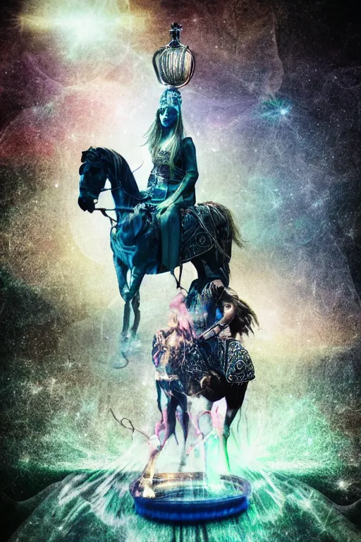 Prompt: self - transforming machine elf riding horse and holding chalice in the style of nordic noir television, dmt fractal tiling across the background, double exposure film, kodak portra film burn, knight of cups, vintage etteilla tarot