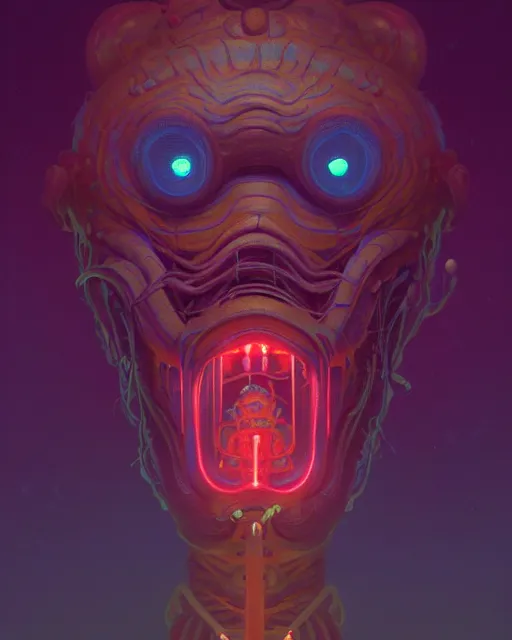 Image similar to portrait of a creepy bioluminescent monster, highly detailed, digital painting, cinematic, hyperrealism, dark retrowave, art by simon stalenhag and stanley lau and artgerm and magali villeneuve and alphonse mucha, artstation hd, octane render, cgsociety