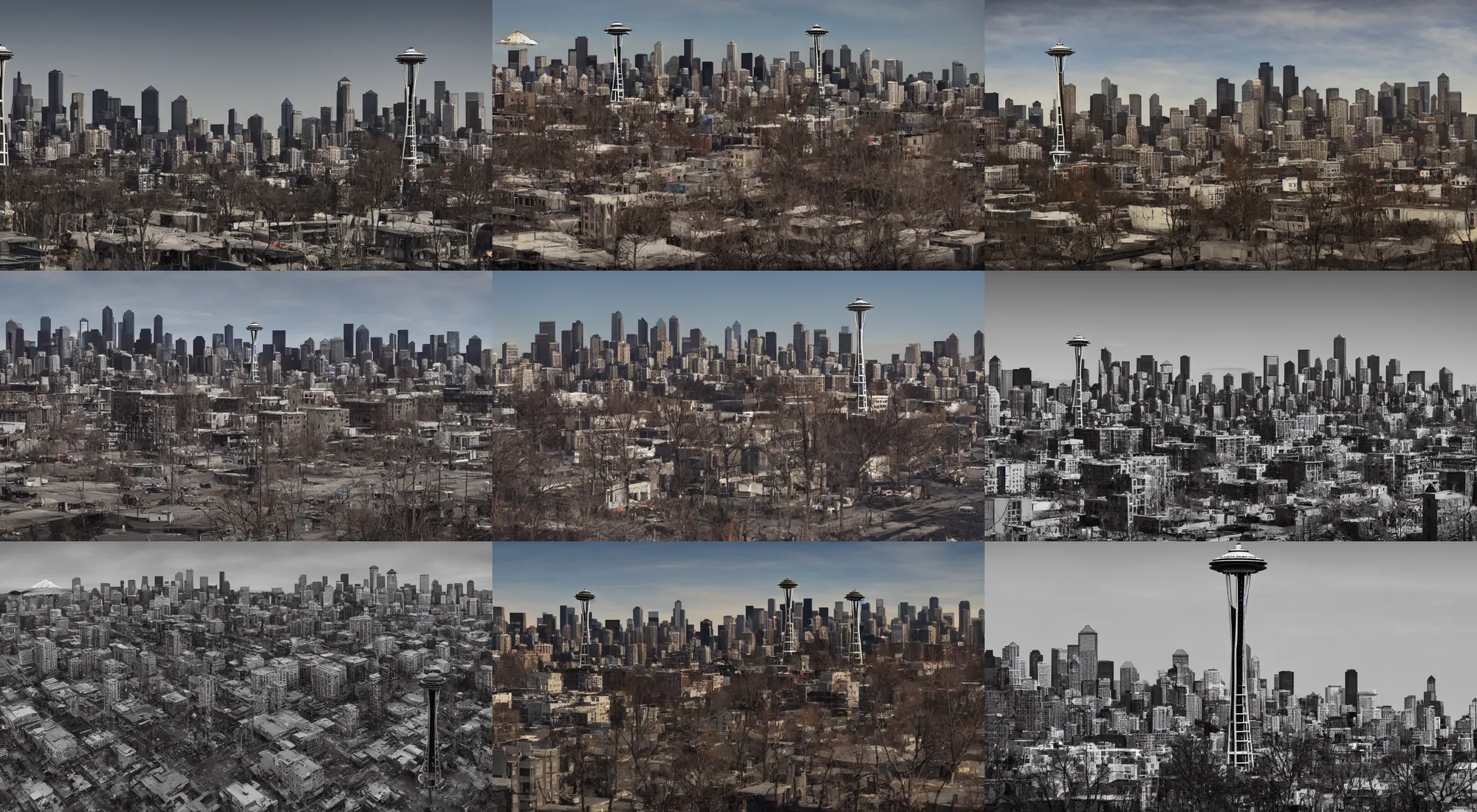 Prompt: post - nuclear strike seattle ruins | space needle visible in background | trending on artstation, 8 k, canon wide - angle lens apocalyptic city scape | fallout