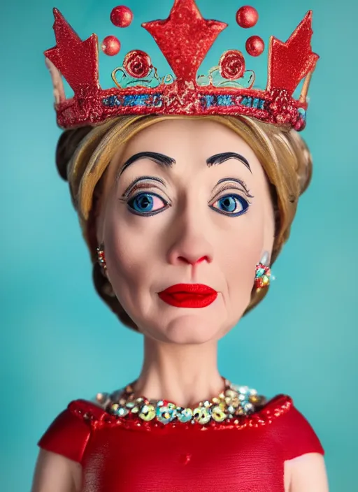 Image similar to closeup face profile portrait of tin toy hillary clinton as a fairytale princess wearing a crown eating cakes, bikini, depth of field, zeiss lens, detailed, symmetrical, centered, fashion photoshoot, by nicoletta ceccoli, mark ryden, lostfish, breathtaking, 8 k resolution, extremely detailed, beautiful, establishing shot, artistic, hyperrealistic, octane render