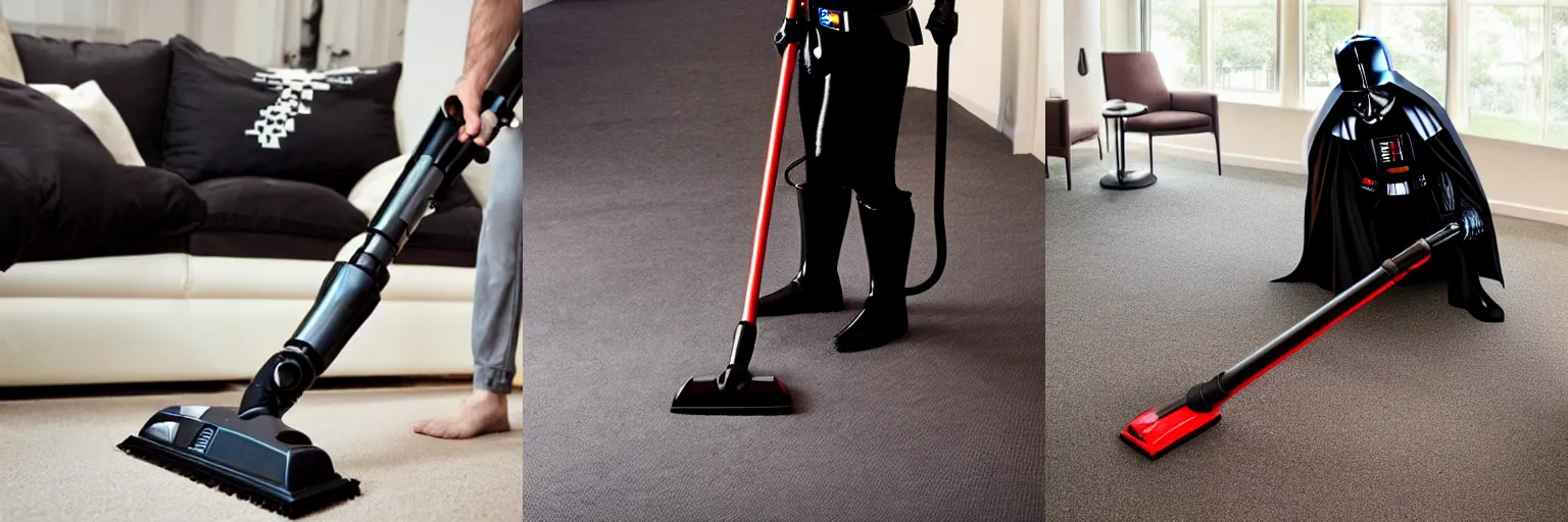 Prompt: Darth vader vacuuming the floor