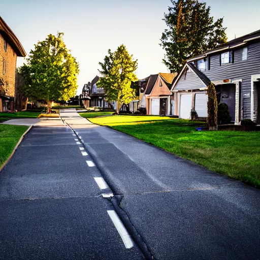 Image similar to photo of a suburban American neighbourhood with the roads and pavements made of pure gold, 4k UHD, 35mm f/5.0 H 576