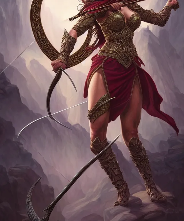 Prompt: a strong powerful angry fantasy elf woman with a bow and arrow, portrait, fantasy, intricate, elegant, highly detailed, digital painting, artstation, concept art, smooth, sharp focus, illustration, art by artgerm and larry elmore and alphonse mucha