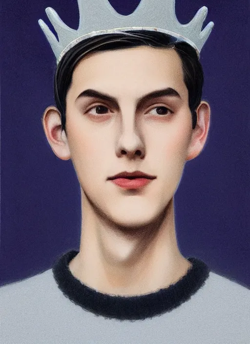 Image similar to portrait of teenage jughead jones wearing a light grey crown, crown, blue turtleneck, 1 9 5 0 s, closed eyes, photorealistic, black hair, glowing lighting, intricate, elegant, glowing lights, highly detailed, digital painting, artstation, concept art, smooth, sharp focus, illustration, art by wlop, mars ravelo and greg rutkowski