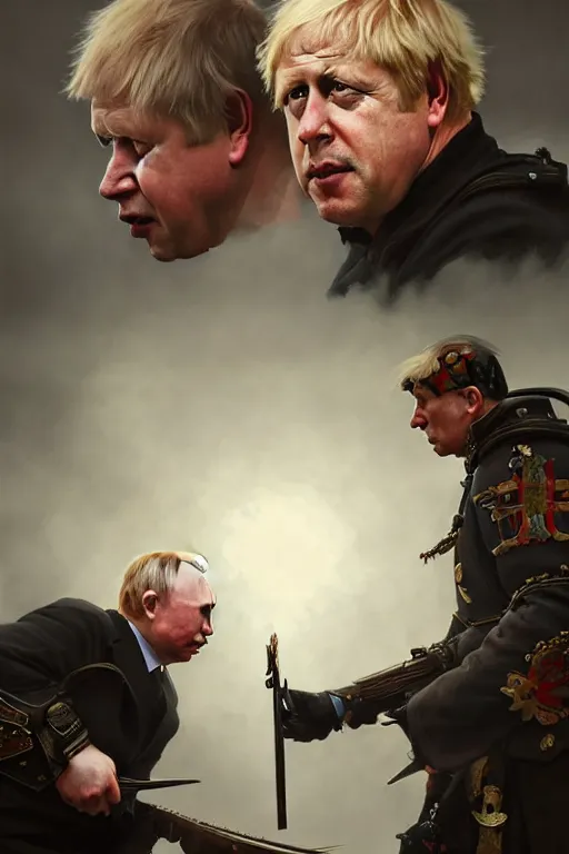 Prompt: aggressive Boris Johnson vs scared Putin, face to face, civil war style, highly detailed, digital painting, artstation, concept art, smooth, sharp focus, illustration, cinematic lighting, art by artgerm and greg rutkowski and alphonse mucha