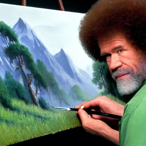 Prompt: a closeup photorealistic photograph of bob ross working on a canvas painting of the incredible hulk. film still. brightly lit scene. mountains and trees. this 4 k hd image is trending on artstation, featured on behance, well - rendered, extra crisp, features intricate detail, epic composition and the style of unreal engine.