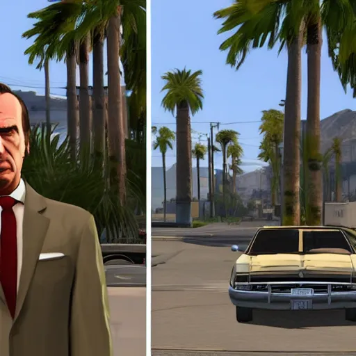 Image similar to Saul Goodman in GTA V . Los Santos in the background, palm trees. In the art style of Stephen Bliss.