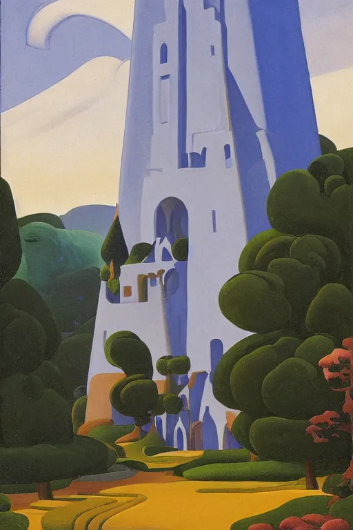 Prompt: view of the mysterious blue tower in its gardens after a storm, tall windows lit up, beautiful ornamental architecture, dramatic cinematic lighting, rich colors, by Nicholas Roerich and William Dyce and Ludwig Deutsch and April Gornik and Sylvain Sarrailh