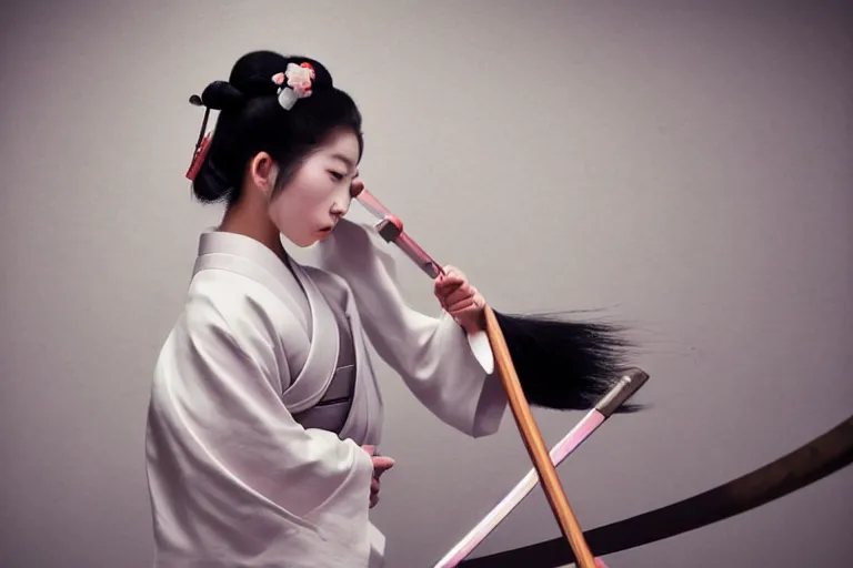 Prompt: beautiful photo of a young modern geisha samurai practising the sword in a traditional japanese temple, mid action swing, beautiful eyes, shining silver katana sword, award winning photo, muted pastels, action photography, 1 / 1 2 5 shutter speed, dramatic lighting