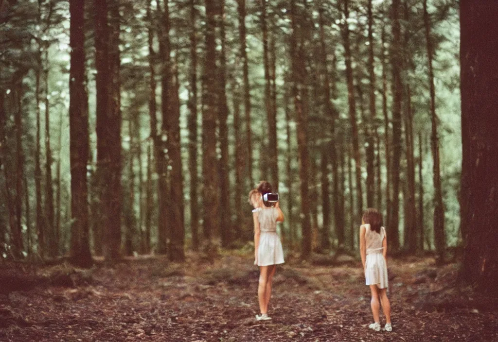 Prompt: lomo photo of a brunette girl standing i front of a modern forest cabin, cinestill, bokeh, out of focus