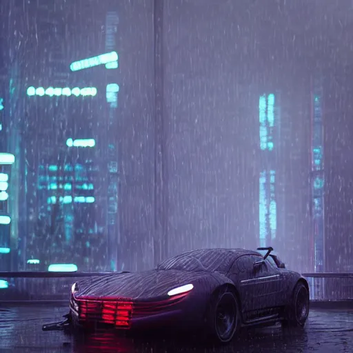 Image similar to a picture of a car in the rain, cyberpunk art by fyodor vasilyev, zbrush central contest winner, cubo - futurism, synthwave, darksynth, retrowave