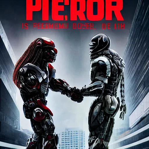 Prompt: the predator plays an intense life or death game of rock paper scissors against robocop, hyper detailed, high resolution, 8k UHD